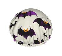 Halloween Flying Purple Bats Print Shower Cap Reusable Bath Cap Double Layer Bath Hair Caps, Keeps Hair Dry, Fits All Head