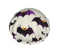 Halloween Flying Purple Bats Print Shower Cap Reusable Bath Cap Double Layer Bath Hair Caps, Keeps Hair Dry, Fits All Head