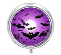 Halloween Flying Purple Bats Round Pill Box 3 Compartment Pill Box for Pocket Purse Portable Travel Medicine Tablet Vitamin Holder Organizer Mini Decorative Pill Case