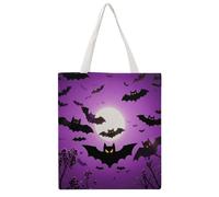 Halloween Flying Purple Bats Tote Bag, Aesthetic Canvas Tote Bag Reusable Grocery Shopping Bag for Women Men