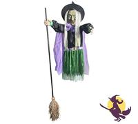Halloween Flying Witch Decor, 5.5IN Halloween Animatronic Witch On Broom With Light-up Eyes And Scary Sound, Horror Animated House Decor for Garden Yard Lawn Outside Indoor (Green)