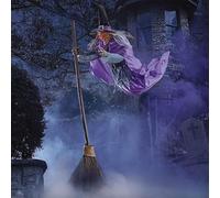 Halloween Flying Witch Decor,Halloween Animatronic Witch on Broom with Light-up Eyes and Scary Sound,Horror Animated House Decor for Garden Yard Lawn Outdoor Indoor Gifts