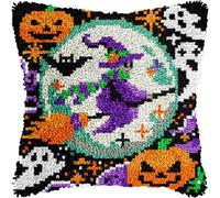 Halloween Flying Witch Latch Hook Kits for Adults Kids, Beginners DIY Latch Hook Pillow Kit Pre-Printed Hook and Latch Rug Kits Cross-stitch Embroidery Cushion Cover for Home Sofa Decoration 17x17 in