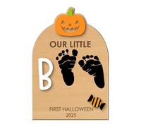 Halloween Footprint Board - Wooden Handprint Sign, Souvenir Keepsake Craft with Ink Pad | First Halloween Night Memory Ornament for Nursery, Family, Mom, Dad, Kids, and Holiday Decoration