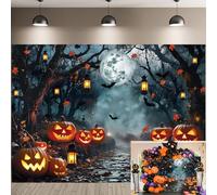Halloween Forest Night Backdrop Horror Pumpkin Lantern Full Moon Misty Pathway Photography Background Kids Adult Creepy Ghost Themed Birthday Party Decoration Banner (8x6FT)