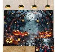 Halloween Forest Night Backdrop Horror Pumpkin Lantern Full Moon Misty Pathway Photography Background Kids Adult Creepy Ghost Themed Birthday Party Decoration Banner (7x5FT)