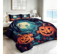 Halloween Forest Pumpkin Ghost Coverless Duvet Single 135 x 200 cm Reversible Coverless Duvet All Seasons with 2 Pillowcases, Children Printed Lightweight and Machine Washable Bedding, Blue Green
