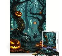 Halloween Forest with Pumpkins And Wolves 1000-piece Jigsaw Puzzles Mindful Game Anxiety Relief Enjoyable Challenge Home Art (38x52cm)