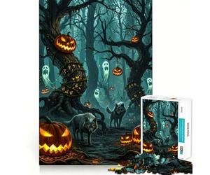 Halloween Forest with Pumpkins And Wolves 1000-piece Jigsaw Puzzles Mindful Game Anxiety Relief Enjoyable Challenge Home Art (38x52cm)