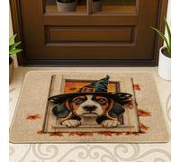 Halloween Foxhound Dog Front Black Door Mat Outside Inside Entrance 29 * 17, Cute Funny Window Outdoor Indoor Non Slip Doormat, Small Pet Shoes Off Doormat for Patio Interior Garage