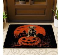 Halloween Foxhound Dog Front Black Door Mat Outside Inside Entrance 29 * 17, Spooky Pumpkins Outdoor Indoor Washable Doormat, Small Pet Shoes Off Doormat for Patio Interior Garage