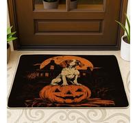 Halloween Foxhound Dog Front Black Door Mat Outside Inside Entrance 29 * 17, Spooky Pumpkins Outdoor Indoor Non Slip Doormat, Small Pet Shoes Off Doormat for Patio Interior Garage