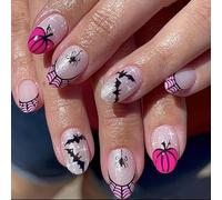 Halloween French 24pcs Medium Square Press on Nails - Purple-black Gradient Bat Skull Designs False Nail Acrylic Nails for Women (Pink Pumpkin Spider)