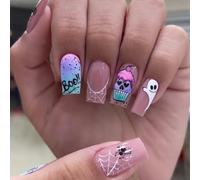 Halloween French False Nails - 24PCS Pink Cute Fake Nails with Glue - Medium Square Press on Nails - Gothic Stick on Nails with Ghost Spider Web Design - French Tip False Nails for Halloween Party