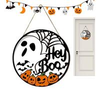 Halloween Front Door Wreath with Cute Ghosts & Pumpkins - Spider Web Decoration for Entryway, Apartment, Patio, Garden Party - Cute Front Door Sign for Autumn & Halloween