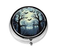 Halloween Full Moon Forest Bats Round Pill Box with 3 Compartments, Mini Metal Pill Organizer for Purse or Pocket, Lightweight Portable for Daily Use Gifts Travel