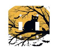 Halloween Full Moon Light Switch Cover Plates/Outlet Covers, Spooky Cat Under Yellow Moon for Wall Accents, Thermoplastic Wall Plates, Standard Size Double Toggle