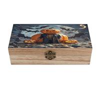 Halloween Funny Pumpkin Head Puppet Wooden Jewelry Box Personalized Wood Keepsake Box Large Decorative Wooden Storage Boxes with Hinged Lid Rustic Style Wood Jewelry Organizer for Desk Home Office