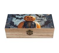 Halloween Funny Pumpkin Head Puppet Wooden Storage Box Elegant Retro Jewelry Box with Hinged Lid Decorative Keepsake Boxes Decor Handmade Organizer Boxes for Wedding, Party, Gift, Diy Craft, Home Deco