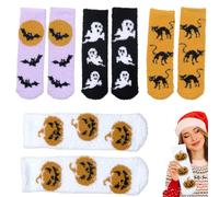Halloween Fuzzy Socks - 4 Pairs Glow in The Dark, Warm Cartoon Socks, Soft Foot Covers, Anti Slip Comfort Wear | Cute Sleeping Sock Set for Indoor Winter Holiday Party Seasonal Gift Activities