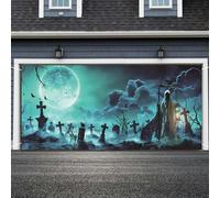 Halloween Garage Door Banner 16x7 Ft Halloween Backdrop with Hooks and Rope, Horror Graveyard Garage Door Cover for Photo Backdrop