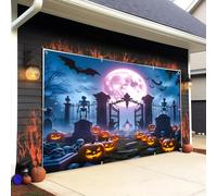 Halloween Garage Door Banner 7x16ft Full Moon Iron Gate Scary Gravegard Dark Night Pumpkin Bat Photography Background for Halloween Wall Garages Cover Indoor Outdoor House Party Decor