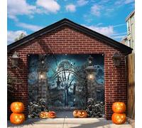 Halloween Garage Door Banner 7x8ft Iron Gate Spooky Castle Skeletons Dark Night Full Moon Pumpkin Photography Background for Halloween Wall Garages Cover Indoor Outdoor House Party Decor
