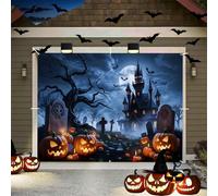 Halloween Garage Door Banner 7x8ft Large Halloween Garage Door Cover Decorations Haunted Castle Scary Pumpkin Lantern Graveyard Tombstone Backdrop Decorations Indoor Outdoor Wal