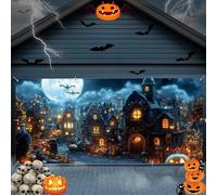 Halloween Garage Door Banner Decoration Backdrop 7x16ft Night Full Moon Horrible Castle Pumpkin Spooky Town Outdoor Halloween Themed Party Large Garage Door Cover Studio Props Photo Background