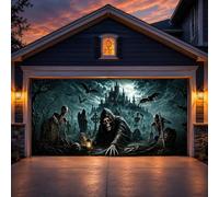 Halloween Garage Door Banner, Large Grim Reaper and Skeleton Haunted Graveyard Backdrop, Spooky Castle Wall Cover for Outdoor Holiday Decorations, Scary Horror Party Background for Yard, 16x7 FT