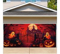 Halloween Garage Door Cover, 13.12x5.91ft Scary Garage Door Cover Halloween Castle Ghost Pumpkin Design for Outdoor Party Decoration & Haunted House Photo Backdrop