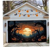 Halloween Garage Door Cover, 8x7ft Bat Pumpkin Halloween Garage Door Decorations, Hanging Banner with Rope for Outdoor Home Yard Wall Background Decorations
