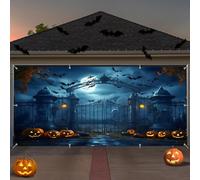 Halloween Garage Door Cover Banner 7x16ft Scary Castle Iron Gate Full Moon Pumpkin Bat Photography Background for Halloween Indoor Outdoor Wall Door Birthday House Party Decor