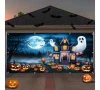 Halloween Garage Door Cover Banner 7x16ft Spooky Castle Ghosts Full Moon Pumpkin Bat Photography Background for Halloween Horrible Wall Garages Cover Indoor Outdoor Birthday House Party Decor