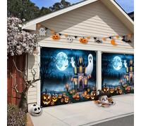 Halloween Garage Door Cover Banner 7x8ft Spooky Castle Ghosts Full Moon Pumpkin Bat Photography Background for Halloween Horrible Wall Garages Cover Indoor Outdoor Birthday House Party Decor