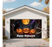 Halloween Garage Door Cover Banner Garage Door Decor Large Happy Halloween Decorations with Pumpkin Skeleton Hand, Outdoor Decor, Family Party Supplies Backdrop,Pumpkin Skull,5 x 6.5 Ft