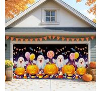 Halloween Garage Door Cover, Colorful Ghosts and Pumpkins Large Garage Door Decorations, Fun Indoor and Outdoor Fall Party Background Decor 157x71 Inch