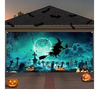 Halloween Garage Door Cover Decorations 7x16FT Large Witch Backdrop Banner Graveyard Pumpkin Skull Black Cat for Home Party Outdoor Yard Holiday Wall Decorations (Black1, L)