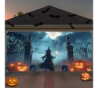 Halloween Garage Door Cover Decorations 7x16FT Large Witch Backdrop Banner Graveyard Pumpkin Skull Black Cat for Home Party Outdoor Yard Holiday Wall Decorations (Black2, L)