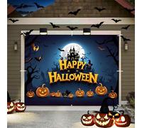 Halloween Garage Door Cover Decorations 7x8ft Hanging Happy Halloween Garage Door Banner Creepy Pumpkin Lantern Bats Witch Haunted Castle Backdrop Large Scary Party Wall Decor