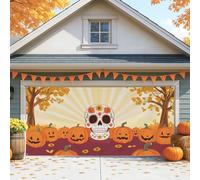 Halloween Garage Door Cover, Pumpkin and Skull Outdoor Decorations, Fall Party Background Decor, 7ft x 16ft 157x71 Inch