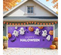 Halloween Garage Door Cover, Violet Spooky Ghosts and Pumpkins Large Garage Door Decorations, Fall Outdoor and Indoor Halloween Party Background Decor 157x71 Inch