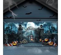 Halloween Garage Door Decorations 7x16ft Scary Cemetery Graveyard Halloween Door Cover Large Hanging Creepy Skull Pumpkin Lantern Haunted Castle Scary Theme Party Decorations Banner