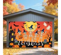 Halloween Garage Door Decorations, Large Happy Halloween Cover Banner Hanging Backdrop, Outdoor Decor, Family Party Supplies Backdrop,Skeleton Gathering,7x8 Ft