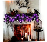 Halloween Garland, 2m 20 LEDs Artificial Black Maple Leave Garlands with LED Lights, Hanging Fall Leave Vines for Halloween Fireplace Mantle Party Decorations (Purple Lights)