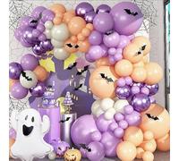 Halloween Garland Kit, 111 PC Purple Nude Cream Balloon Arch With Cute Ghost and 3D Bat Stickers, Beige and Metallic Purple Balloons for Girls Halloween Birthday Party Decorations