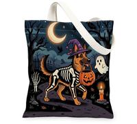 Halloween German Shepherd Dog Canvas Tote Bag for Shopping 13x15, Horror Puppy Graveyard Reusable Grocery Print Pattern Bag for Women, Spooky Scary Aesthetic Painting Gift Decor