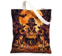 Halloween German Shepherd Dog Canvas Tote Bag for Shopping 13x15, Vintage Puppy Witch Cauldron Reusable Grocery Print Pattern Bag for Women, Scary Beach Aesthetic Painting Gift Decor