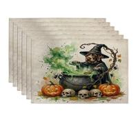 Halloween German Wirehaired Pointer Dog Placemats Set of 6, 12''x18'', Holiday Witch 6Pcs Print Washable Table Mats for Dinning, Witchy Holiday Home Kitchen Decor