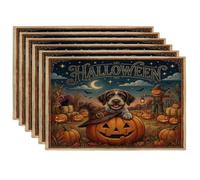 Halloween German Wirehaired Pointer Dog Placemats Set of 6, 12x18 Inch, Holiday Farm 6Pcs Seasonal Washable Table Mats for Dinning, Pumpkins Holiday Home Kitchen Decor